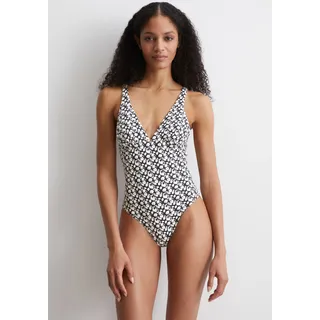 Badeanzug MARC O'POLO "Millefleur", Damen, Gr. M, N-Gr, blau (millefleur print schwarz navy), Elasthan, Polyamid, gemustert, Badeanzüge Badeanzug, tiefer V-Ausschnitt, herausnehmbare Cups, doppellagig