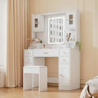 Große Schminktisch mit verstellbaren LED-Beleuchtung und Steckdosen, für das Schlafzimmer, Weiß - Weiß