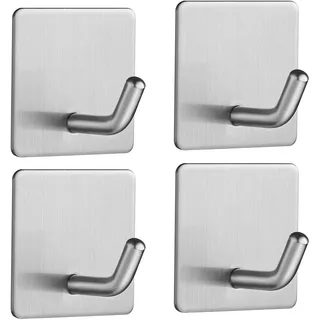 Klebehaken, 4 Stück, Wandhaken aus Edelstahl, ohne Bohren, Handtuchhalter mit Klebeband, Haken für Badezimmer, Wohnzimmer und Küche, für Badetuch, quadratisch – Silber matt