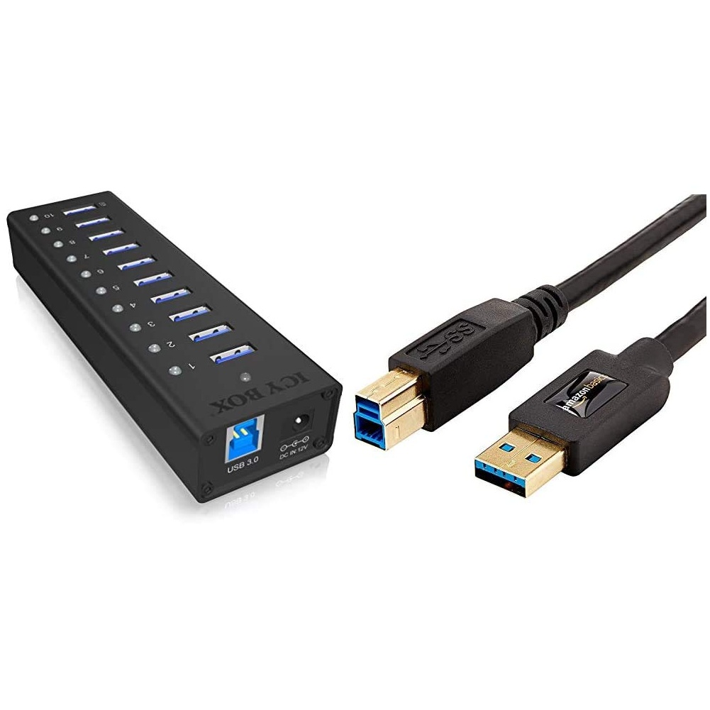 Bild von IB-AC6110 USB 3.0 Hub mit Netzteil (12V/4A), Ladeport, Voll-Aluminium, Klettbefestigung, Schwarz