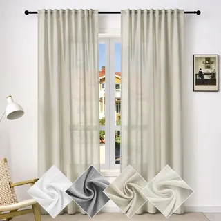 WOLTU Gardine, Schiebegardine für Wohnzimmer Schlafzimmer, mit Kräuselband, Leinenoptik, Halbtransparent Voile modern, 135 x 175 cm, Sand