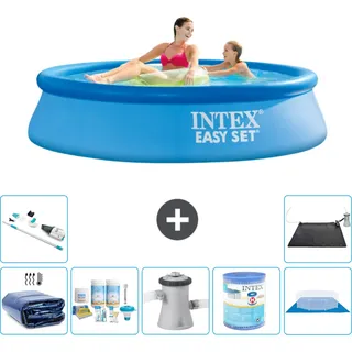 Intex runder aufblasbarer Easy Set-Pool – 244 x 61 cm – Blau – im Lieferumfang enthalten Sonnensegel - Wartungspaket - Filterpumpe für Schwimmbad - Filter - Bodenplane - Staubsauger - Blau