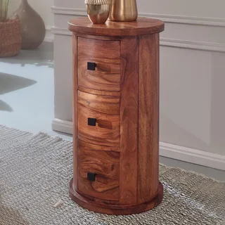 FineBuy Design Sideboard 65 cm Sheesham Massivholz Ø 35 cm Schränkchen mit Schubladen Schmaler Beistellschrank Massiv Mini Kommode Rund - Braun