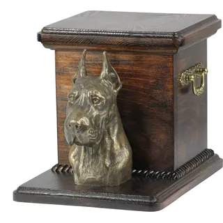 Deutsche Dogge, Ulmer Dogge, Große Dogge I - Eine Urne für die Asche eines Hundes mit einer Statuette, eine elegante Urne für einen Hund, eine außergewöhnliche Urne mit dem Porträt eines Hundes von de