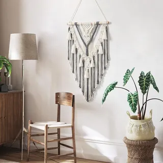 Geometrisch Geweven Wandbehang mit Quaste - Boho Makramee Wandteppich aus beigem Baumwollgarn - Beige