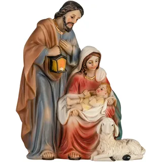 MaMeMi HEILIGE Familie als KRIPPENBLOCK – Kompakte MINI-KRIPPE mit Maria, Josef & Jesuskind [Handbemalt, ca. 9,5 cm, aus KUNSTHARZ] – WEIHNACHTSKRIPPE für Advents- & Weihnachtsdeko