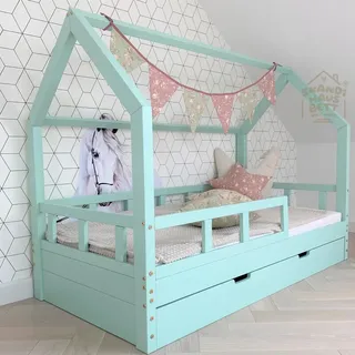 Hausbett 80x180 Minze - Bell - Kinderbett mit Bettkasten - Kinderbett Haus - Rausfallschutz Bett Holz für Kinderzimmer - Kinderbett Mädchen - Grün