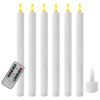 kisidus LED Stabkerzen mit Fernbedienung, Flammenlose Tafelkerzen mit Timerfunktion, LED Kerzen 6 Stück für Weihnachten, Heimdekoration, Weiss