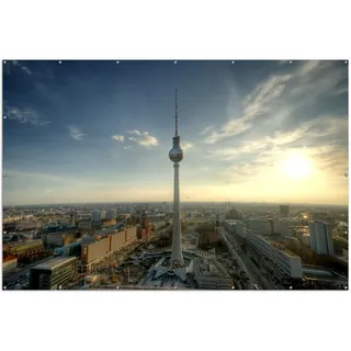 Wallario XXL Outdoor-Poster für Garten oder Balkon, Motiv Fernsehturm Berlin mit Panoramablick über die Stadt, in ca. 300 x 200 cm - Blau