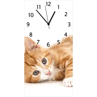 Wallario Design Wanduhr Süße Katze mit großen Augen - rot weiß getigert aus Echtglas, Größe 30 x 60 cm - Weiß