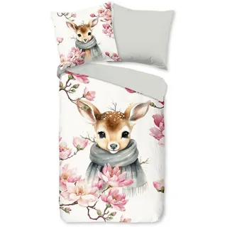 Muller Textil good morning Kinderbettwäsche Leone, Renforcé, 2 teilig, Baumwolle, 135x200, Wendeoptik, Kind, Mädchen, Hirsch, Winter, Weiß weiß