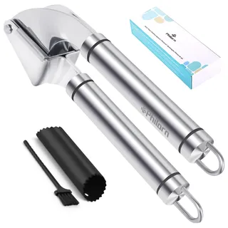 Philorn Knoblauchpresse Edelstahl profi Küchenhelfer - Premium Garlic Press, Ingwerpresse mit knoblauch schäler & Reinigungsbürsten - Extra Stark & Strapazierfähig - Knoblauchpressen Spülmaschinenfest