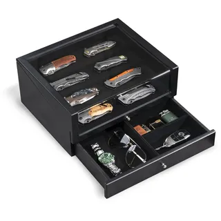 Emfogoo 2 Etagen Messerhalter, Holz Messerständer, Messer Vitrine mit Schublade und Hochauflösendem Glas, Sammelmesserständer für Aufbewahrung Verschiedene Messer, Heimdekoration (Schwarz)