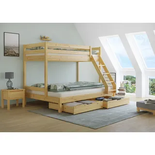 Doppel-Etagenbett 140x200 und 90x200 Erwachsenen-Stockbett Kiefer Massivholz natur V-60.18-09-14Rollrost und Doppelbettkasten inkl. - Naturbelassen