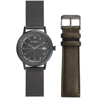 Breil SIX.3.Nine Pack Herren Armbanduhr mit Armband aus Stahl, Mesh-Optik in der Farbe: Gun, inkl. Ersatzband in Leder Khaki, Gehäusedurchmesser: 44 mm, TW1911