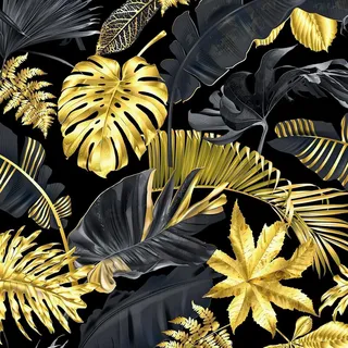 FunStick Tapete Schwarz Gold Dschungel Blätter Blumentapete Selbstklebend Möbel Klebefolie Schwarz Gold Badezimmer Palmenblätter Wandtapete Selbstklebend Küchentapete Schwarze Folie Blätter 44.5CM×3M