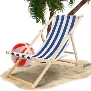 Jayseuw 2X Liegestuhl Gartenstuhl Klappstuhl Kieferholz Holz Klappbar Relax Stoff Deck Blau weiß - Blau