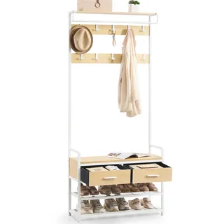 VASAGLE Garderobenständer mit Schuhbank 30 x 80,4 x 181,6 cm Goldeichenfarben/Mattweiß