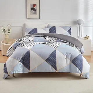 WUMIUER Bettwäsche 240x220 3teilig - Geometrisch Stil Bettwäsche-Set 240 x 220 cm und 2 Kissenbezüge 80x80cm mit Reißverschluss, Blau Weiß Dreieck Punkte Muster Bettbezug für Doppelbett Bettwaren