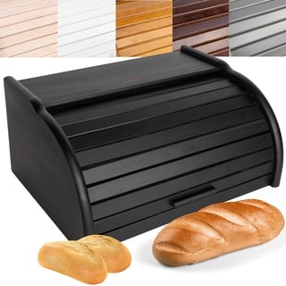 Creative Home Schwarz Brotkasten Holz | 38 x 28,5 x 17,5cm (+/-1cm) | Perfekte BrotBox für Brot Brötchen Kuchen | Brotkiste mit Roll-Deckel | Natürliche Brot-Kiste | Brotbehälter für Jede Küche