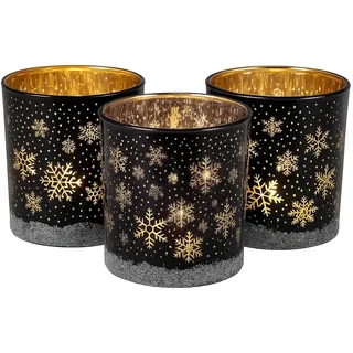 khevga Windlicht Weihnachten Winter aus Glas im Set Schwarz Weiß Gold Silber (Blau_Schwarz_Schneeflocke, 3er Set)