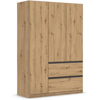 Rauch Möbel Drehtürenschrank, Kleiderschrank, 3-türig, 2 Schubkästen, Eiche Artisan, Holz, Push-to-Open, Griffprofil grau-metallic, 136x197x54 cm