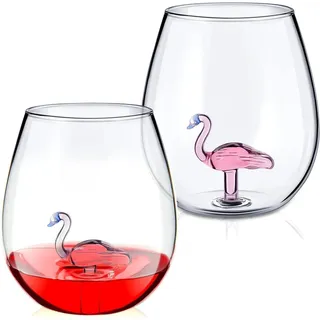 Patelai Flamingo Weingläser 2er Set - Kreative Gingläser für Frauen & Männer - Kristall Weinglas ohne Stiel - Geschenke