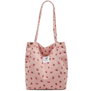 Funtlend Cord Umhängetasche Damen Groß Cord Tasche Handtasche Cordtasche Damen Schultertasche für Uni Arbeit Schule Büro-Pink Strawberry