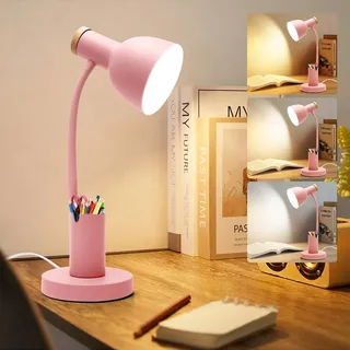 LOMUG Schreibtischlampe mit Stifthalter, LED Tischlampe mit Kabel und Abnehmbare Glühbirne, Nachttischlampe 360° Flexibel Arm Schwanenhal 3 Farbtemperaturen, für Zuhause Büro Studieren (Rosa)