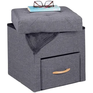 Relaxdays Sitzhocker mit Stauraum, Schublade, Fach, faltbar, gepolstert, Sitzwürfel Stoff, HxBxT 40,5 x 40 x 40 cm, grau