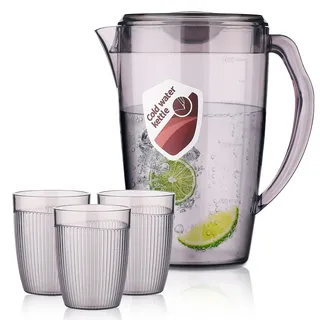 HOMQUEN Kunststoffkrug Mit 3 Tassen, 60 OZ/1,8 L Wasserkrug Mit Deckel, Eisteekrug, Wasserkaraffe, Glaskrug, Wasserkrug Mit Griff Für Tee, Säfte, Milch, Kalte Oder Heiße Getränke (Grau)