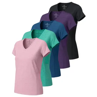 Real Essentials Damen Sport-T-Shirt, kurzärmelig, V-Ausschnitt, Dry-Fit feuchtigkeitsableitendes Yoga-Top (erhältlich in großen Größen), 5er-Pack