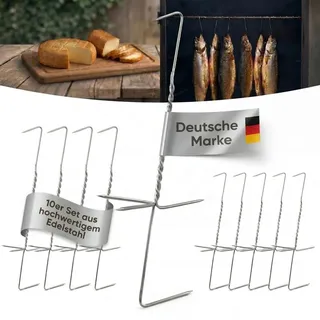 ok4y Räucherhaken Edelstahl 10 Stück – Gedrillt, 19 cm, 2 mm Ø – Smoker & Grill Zubehör zum Räuchern von Fisch, Fleisch, Wurst, Käse mit Doppelhalter gut für Forelle