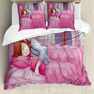 ABAKUHAUS Anime Bettbezug, Japanisches Tier Manga, Milbensicher Allergiker geeignet mit Kissenbezügen, 155 cm x 220 cm - 80 x 80 cm, Rosa - Rosa