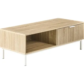 BELIANI Couchtisch Hellbraunes MDF Metallbeine 110 x 50 cm Skandinavischer Stil Schublade Regal Aufbewahrung Wohnzimmer - Braun, Weiß