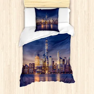 ABAKUHAUS New York Bettbezug Set für Einzelbetten, Manhattan Landschaft, Milbensicher Allergiker geeignet mit Kissenbezug, Marine Gold