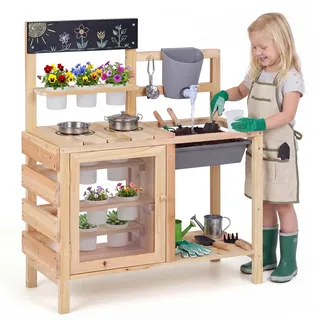 FANTASK Matschküche Holz, Spielküche Kinder mit Herd, Spüle, Wassertank, Pflanztöpfen & Kreidetafel, Kinderküche mit Zubehör, Holz Gartenspielzeug für Jungen & Mädchen ab 3 Jahren