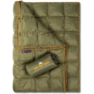 Get Out Gear Double Puffy Camping Blanket - Extra Puffy, Packable, Lightweight and Warm | Ideal for Outdoors, Travel, Stadium, Festivals, Beach, Hammock | Water-Resistant Camp Quilt (Olive/Orange)