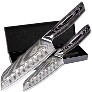 Wolfblood PRO 2er Santoku Damastmesser Set XL 31/23cm | 67Lagen Damaststahl | 62±2 HRC TÜV-geprüfter, optimierter VG-10 Stahl | Damast Küchenmesser Set | Santokumesser, Klingenschutz & Geschenkbox