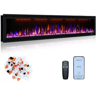 Oxhark Flame 188cm/74" Elektrokamin, schlanker Einbau- & Wandkamin mit Fernbedienung, mehrfarbige Flammeneffekte mit realistischen Holzscheiten, Thermostat mit Timer, 750/1500W, Schwarz