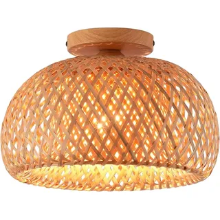 COOINJOY Bambus Deckenleuchte Boho, Halbkugel-Design, Naturfarben Rattan-Geflecht, Landhaus-Stil, für Schlafzimmer, Kinderzimmer, Flur, E27 Fassung(D40, keine Glühbirne)