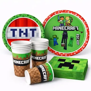 36-tlg. Party-Set * MINECRAFT * mit Pappteller + Servietten + Pappbecher für Kindergeburtstag und Mottoparty | Teller Becher Pixel Party Dekoration Geburtstag