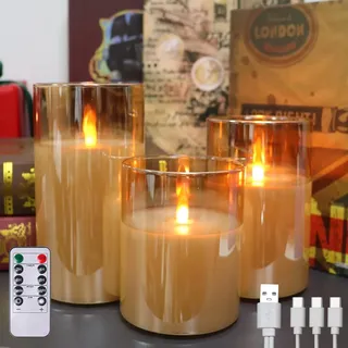 Golden Glas Flammenlose Kerzen, LED Aufladbare Kerzen, Real Wax LED Candles