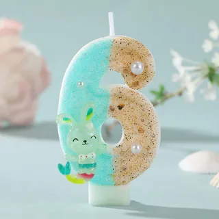 Geburtstagskerzen Kinder, Geburtstagskerzen Zahlen, Meerjungfrau Bunny Geburtstags-Kerze, Nummer 6, Türkis-Gold Glitzer Design mit Perlen, Kuchen Dekoration für Kinder