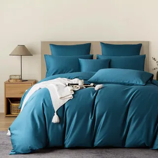 YASMENG Satin Bettwäsche 220x240 Petrol 100% Langstapelige Baumwolle Kühlend Mako Satin Bettwäsche Weich Seidig Atmungsaktiv Seide Bettbezug Set 3 Teilig mit Reißverschluss und 2 Kissenbezüge 80x80 cm