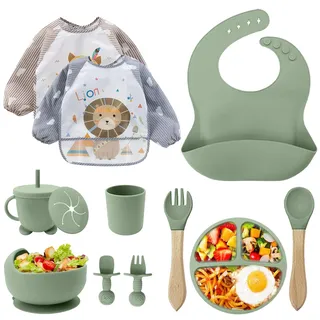 Baby Geschirrset,12er Set Kindergeschirr, Babylöffel,Trinklernbecher,Silikon Lätzchen,Baby Teller Kinderteller mit Saugnapf,Baby Led Weaning Set