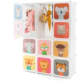 FANTASK Kinder Kleiderschrank, Modularer Kunststoffschrank mit 12 Würfeln, Aufbewahrungsregal mit Türen & Aufhänger, Kleiderschränke für Kinderzimmer Schlafzimmer (Weiß, 12 Würfel)