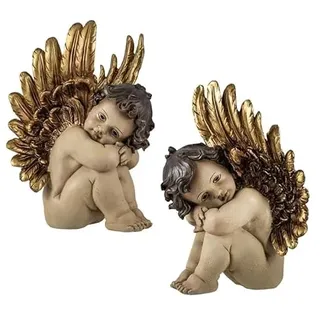 DRW Set von 2 sitzenden Engeln mit großen Flügeln aus Harz, handbemalt in Goldtönen, 10 x 10 x 29 cm