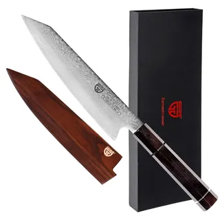 GRÄWE Damastmesser Signature, Großes Messer aus Damaststahl, Super Scharf, Damaszener Santokumesser, Damast Küchenmesser, 35 cm Lang, asiatisches Kochmesser mit Geschenkbox, Brauner Griff