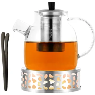 HOTUT Teekanne aus Glas 1500 ml,Glasteekanne mit Siebeinsatz und Stövchen,Borosilikat Glas Teebereiter,Hitzebeständig Glaskanne,Teebereiter zur Zubereitung von Losen Tees,Blumentee, Kräutertee